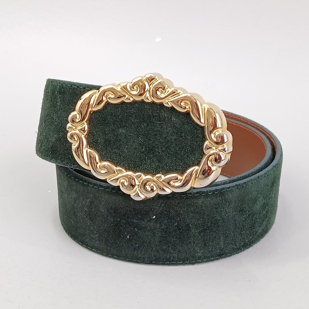 Vintage Talbots Suede Belt Womens Medium Green Gold Filigree Buckle Ornate